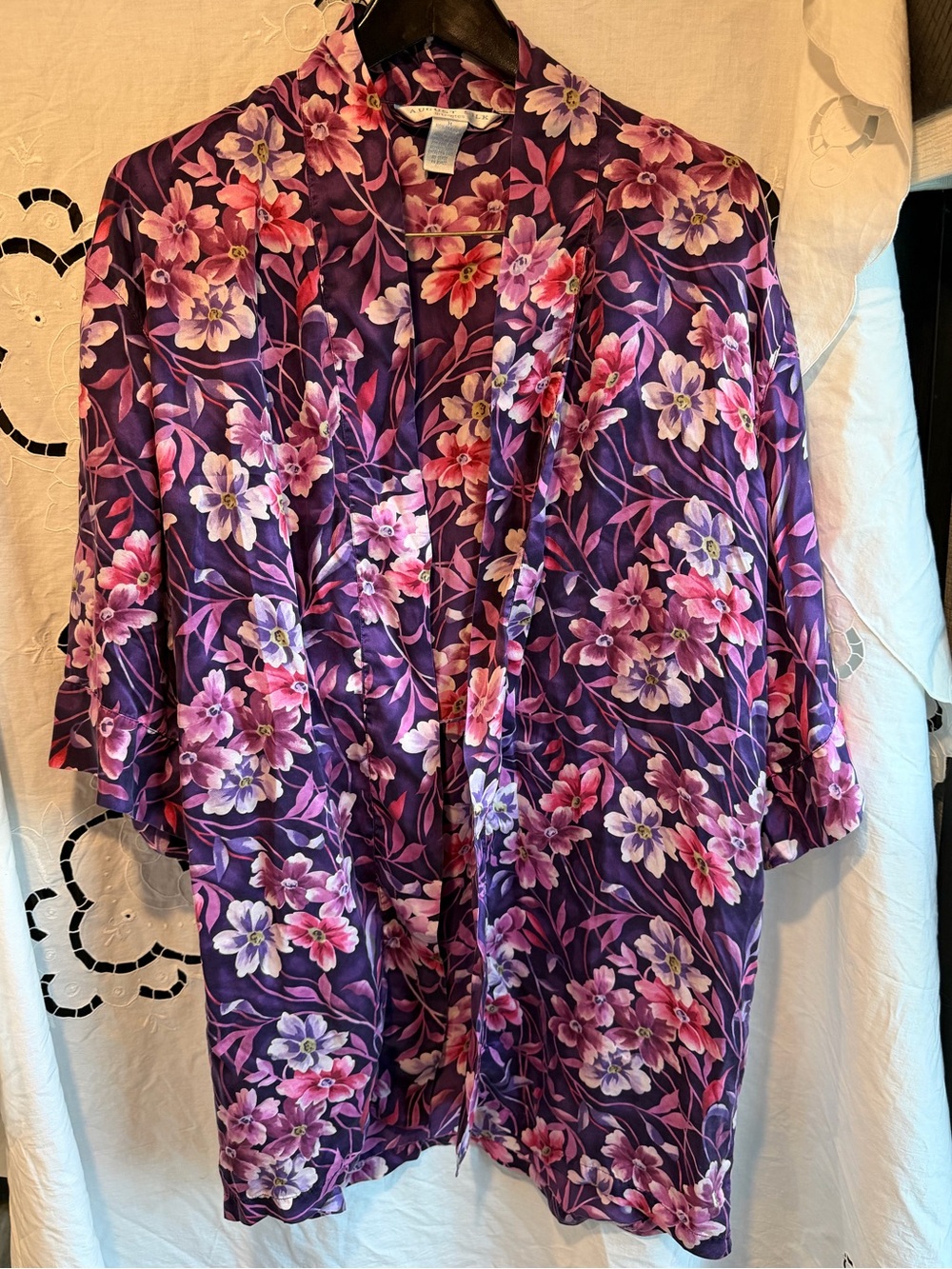 August Silk 100% Silk Floral Kimono Duster Jacket Robe Vintage M Boho